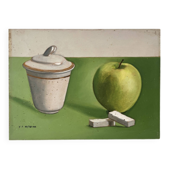 Still life painting "the apple and the sugar bowl" by Yves Millecam, vintage