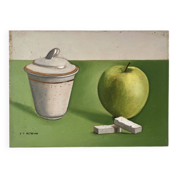 Still life painting "the apple and the sugar bowl" by Yves Millecam, vintage