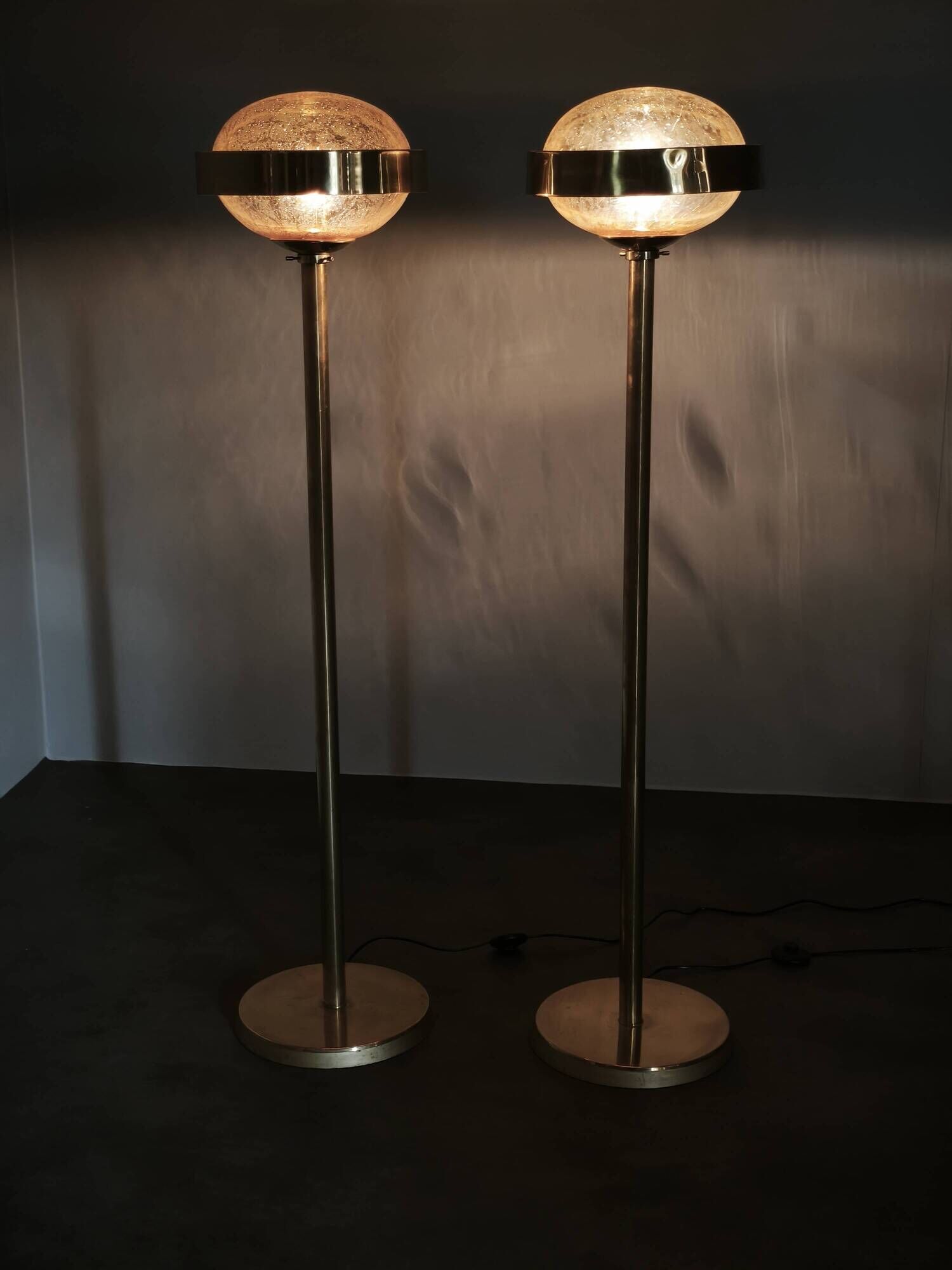 Pair of Brass and Amber Glass Floor Lamps from Kamenický Šenov, 1970s