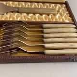 Set of 12 dessert forks and pie server in brown case