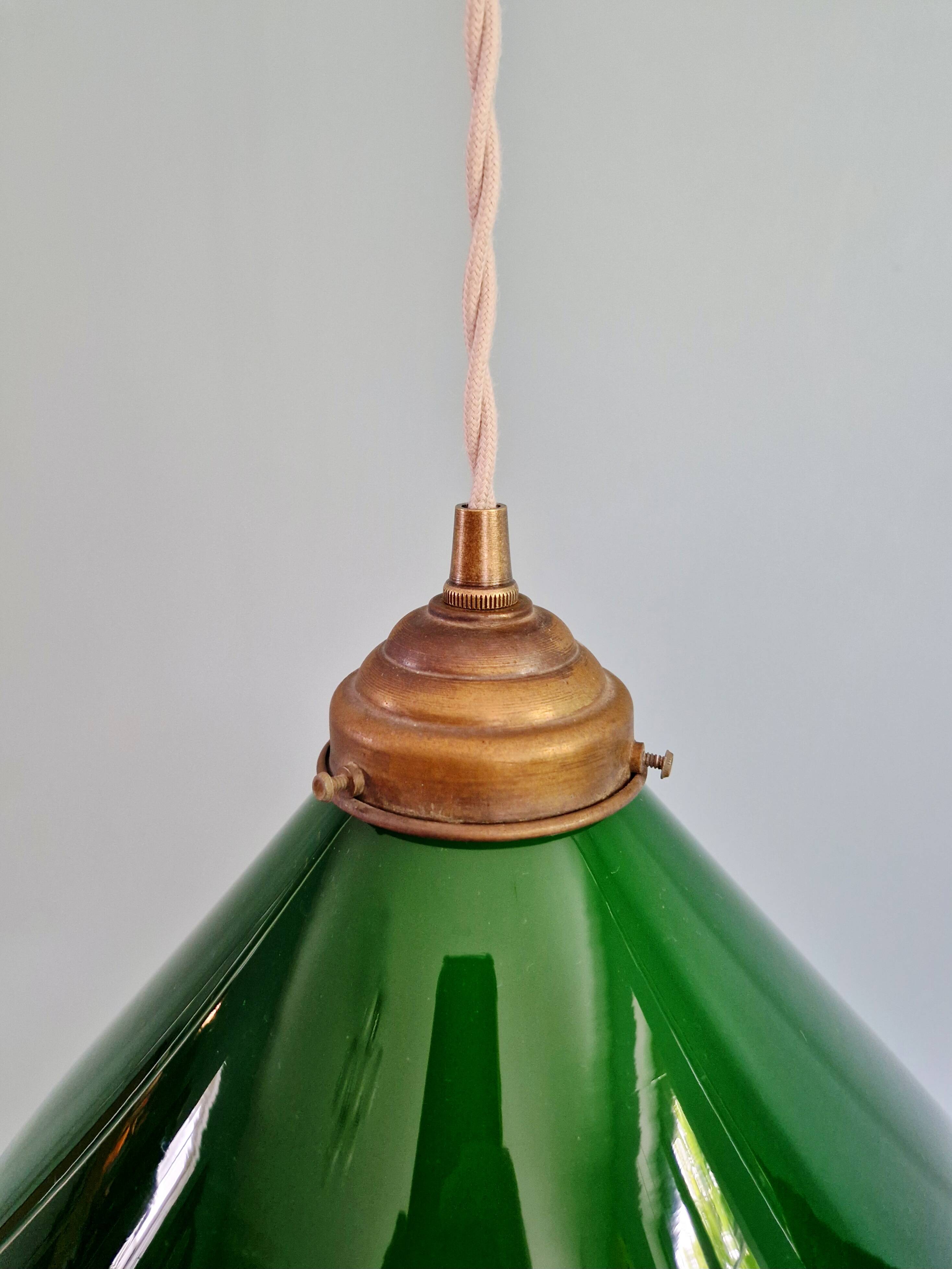 Pair of conical green opaline pendant lights, Art Deco style