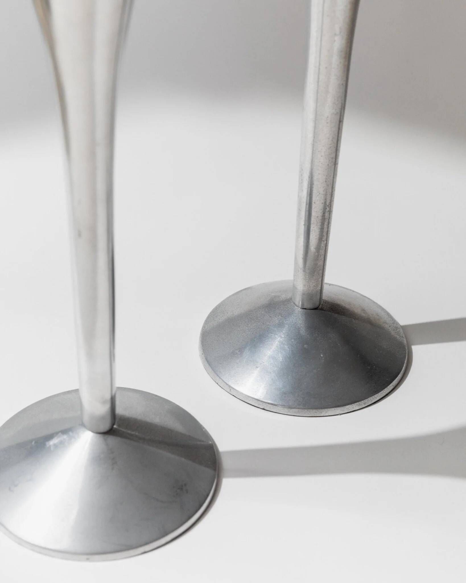 Set of 2 Stainless Steel Vintage Candle Holders, Silver Finish, Space Age Italian Design (1970s)