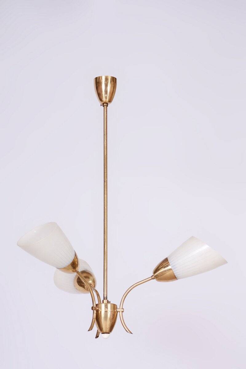 Mid-Century Chandelier in Brass and Frosted Glass, Czech, 1950s