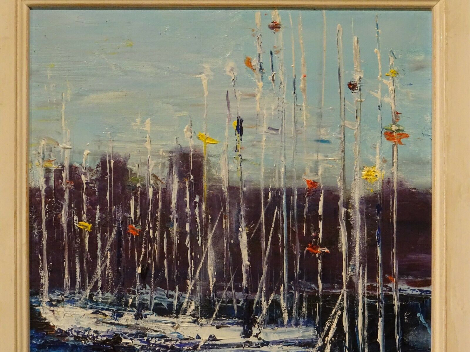 Oil painting on marine canvas sailing port Ginette Miraillet