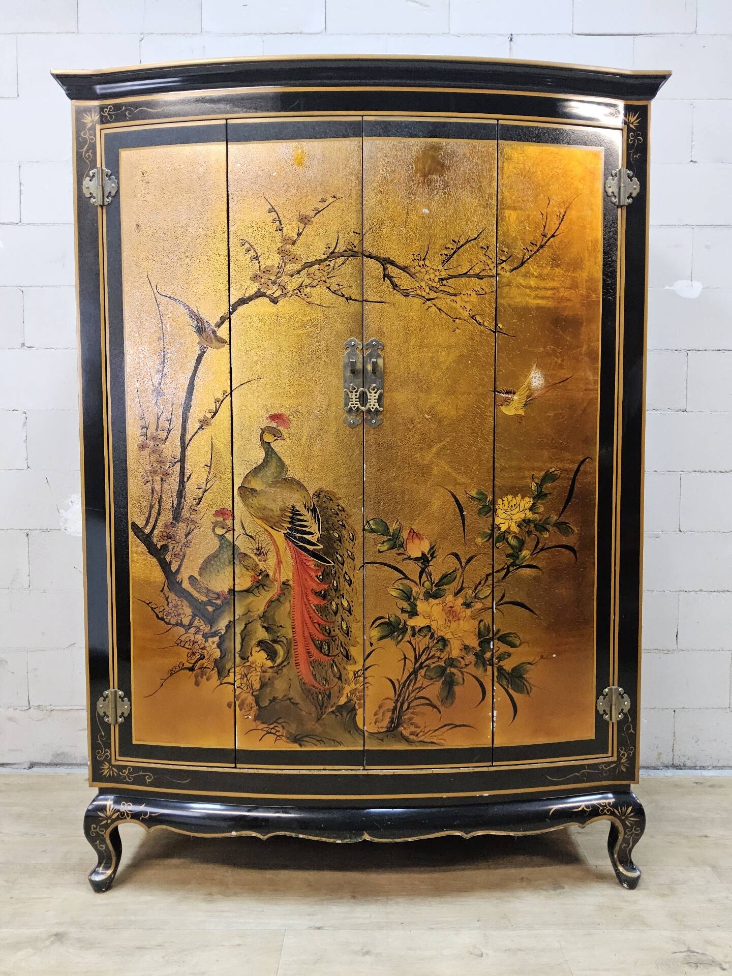 Vintage Chinese cabinet with gold leaf, flowers and peacock/ bohemian
