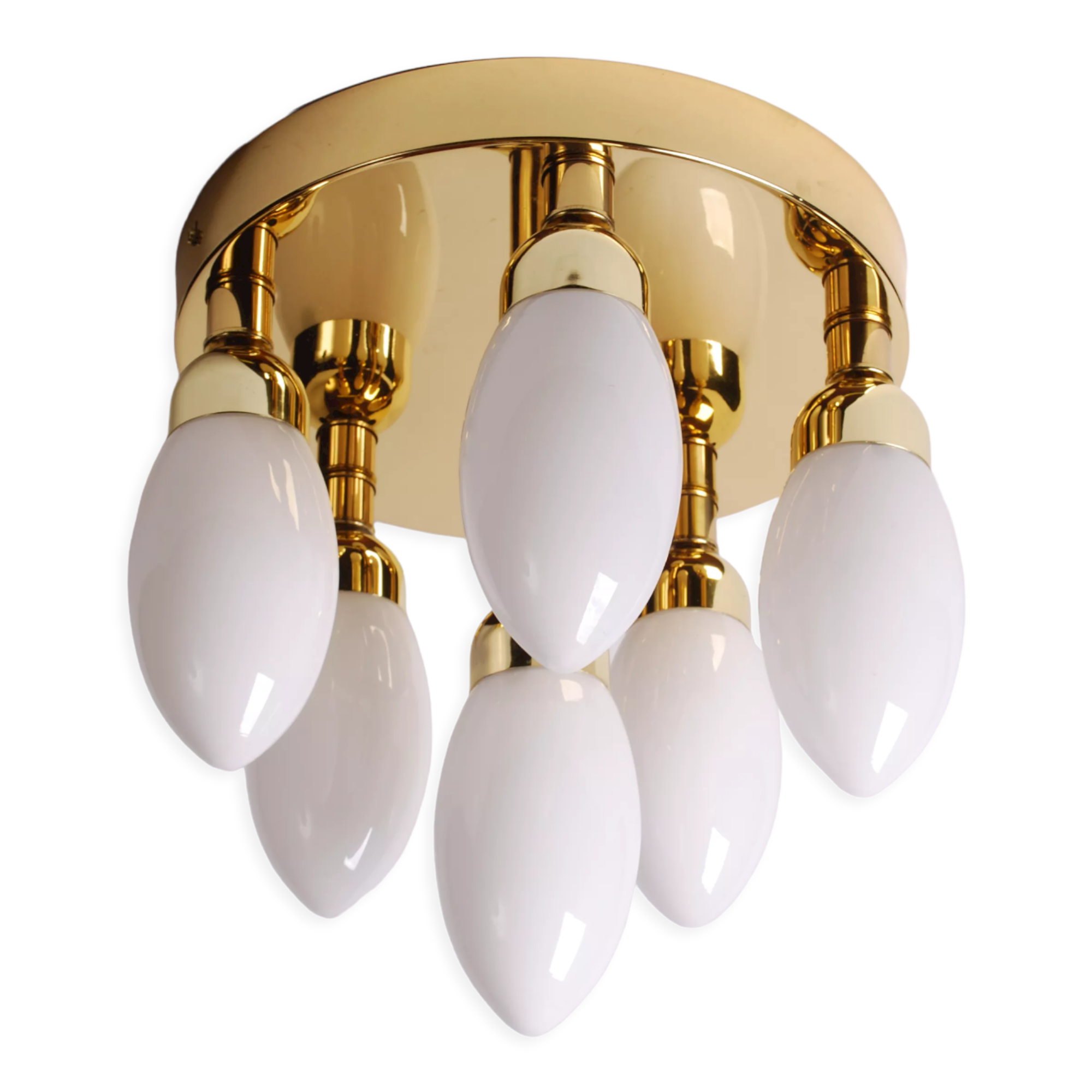 sputnik flush mount, atomic brass ceiling fixture with six opaline cone shaped globes, 1970's