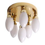 sputnik flush mount, atomic brass ceiling fixture with six opaline cone shaped globes, 1970's