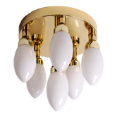 sputnik flush mount, atomic brass ceiling fixture with six opaline cone shaped globes, 1970's