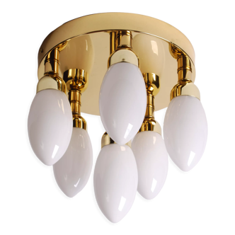 sputnik flush mount, atomic brass ceiling fixture with six opaline cone shaped globes, 1970's