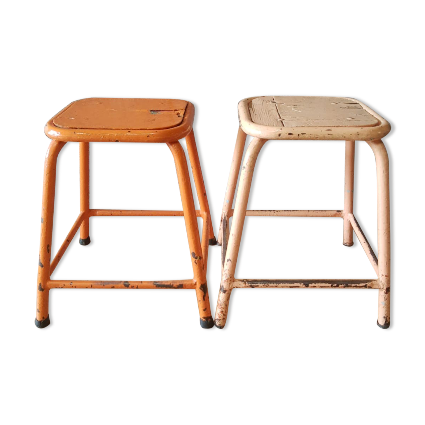 Pair of low metal stools industrial workshop - vintage
