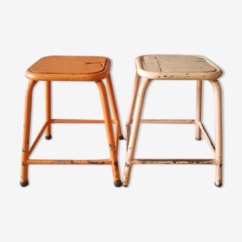 Pair of low metal stools industrial workshop - vintage