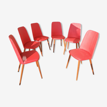 Lot de 6 chaises skaï rouges 1960 style scandinave