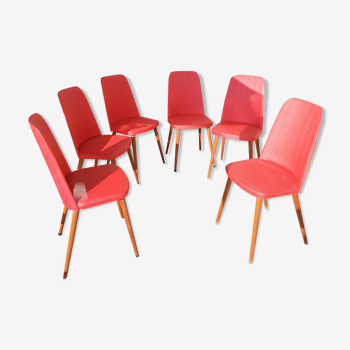 Set of 6 skaï red chairs 1960 scandinavian style