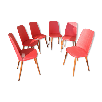 Set of 6 skaï red chairs 1960 scandinavian style