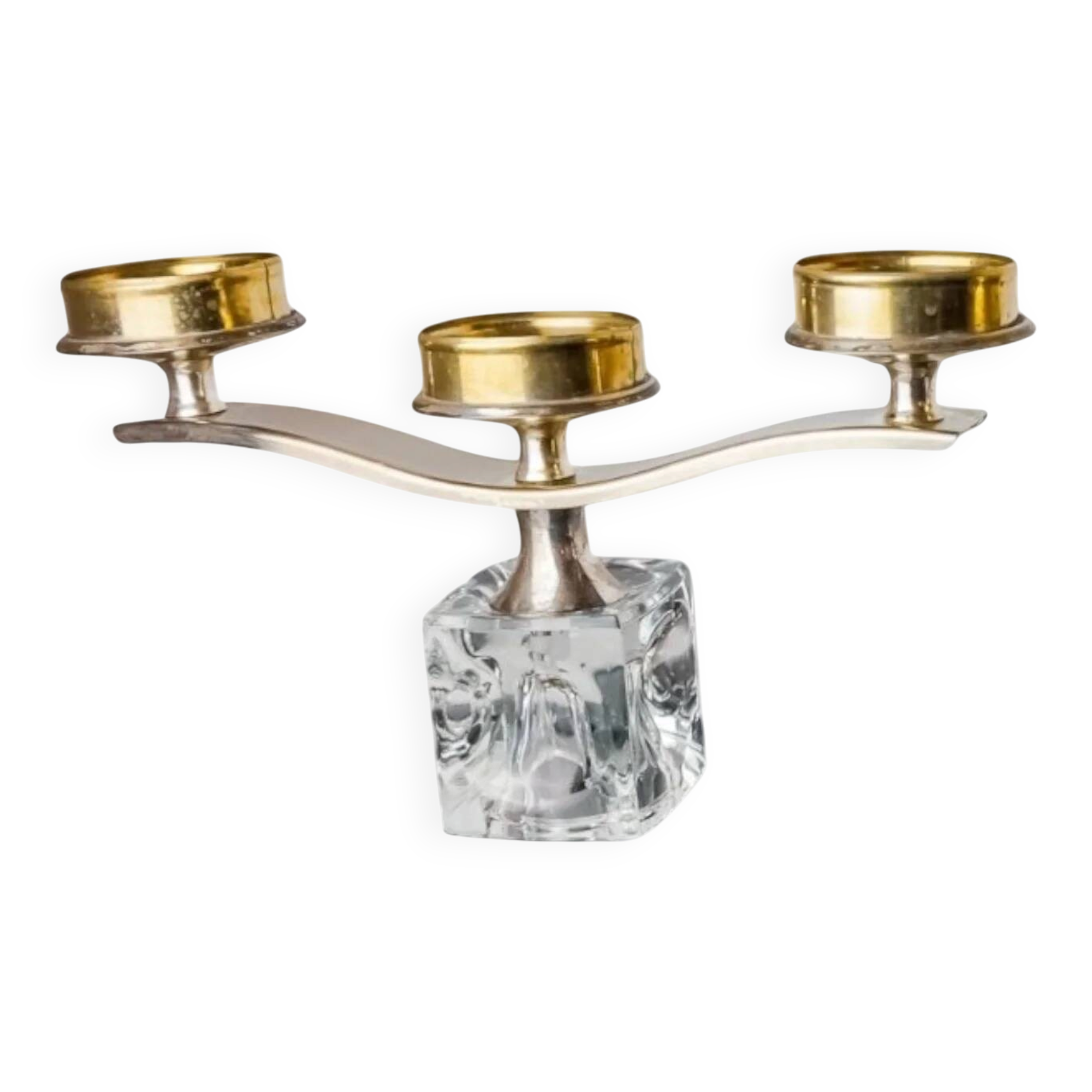 Bougeoir en forme de cube de glace par Peill & Putzler, 3 flammes, en verre et métal argenté, Allemagne, années 1970.