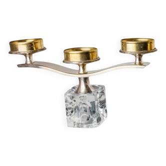 Ice cube candle holder by Peill & Putzler, 3 flames, glass and silver metal, Germany, 1970s