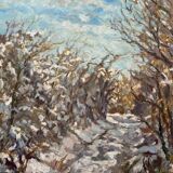 Old signed painting, path under the snow, Vienne, Dauphiné