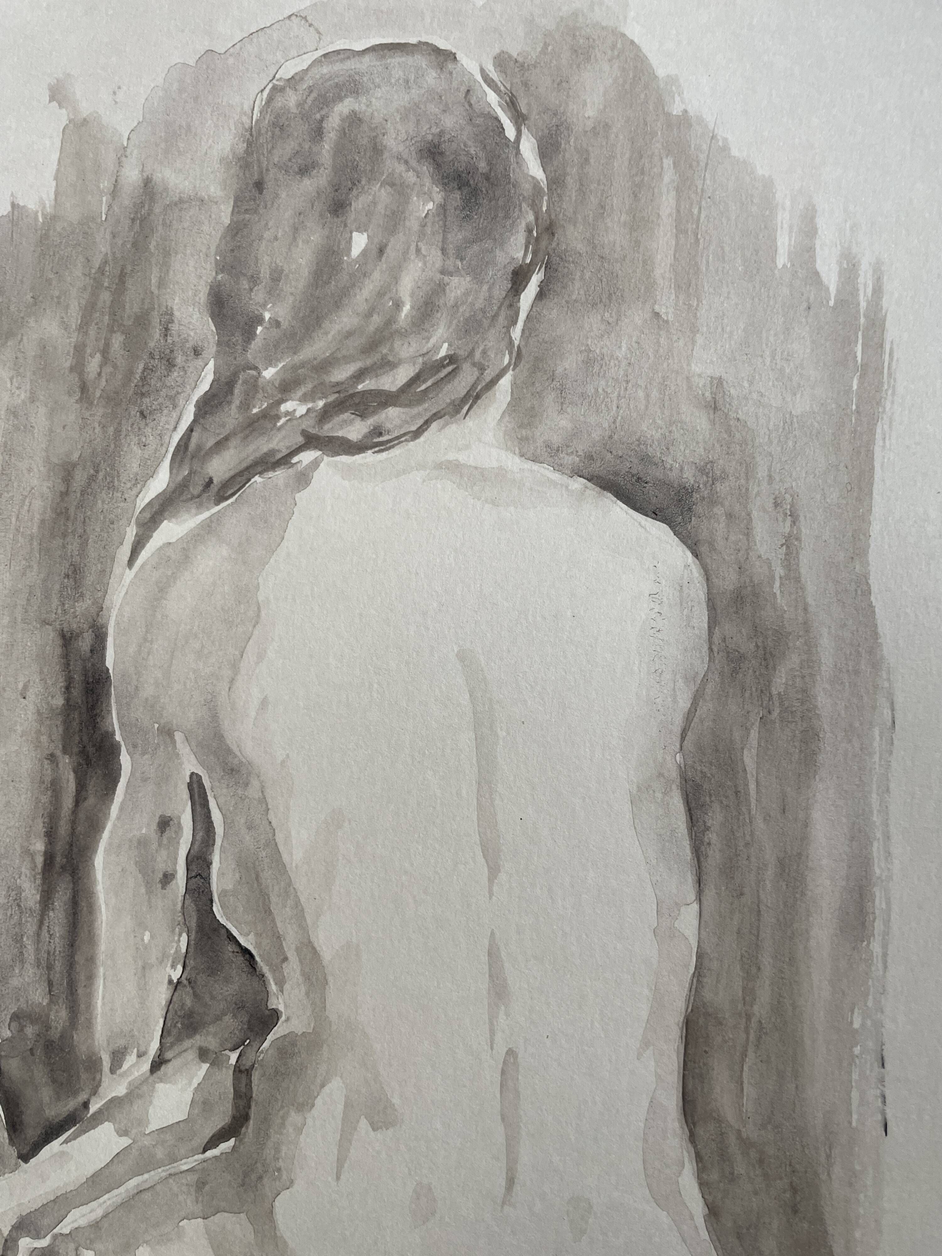Painting signed watercolor monochrome sepia female nude portrait seated from behind
