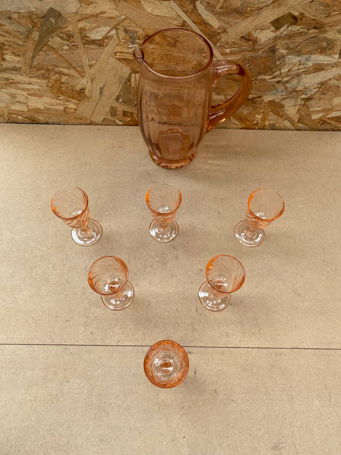 Antique Pink Blown Glass Pitcher Set + 6 Vintage Liqueur Glasses