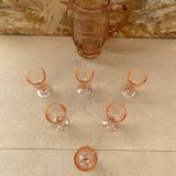 Antique Pink Blown Glass Pitcher Set + 6 Vintage Liqueur Glasses
