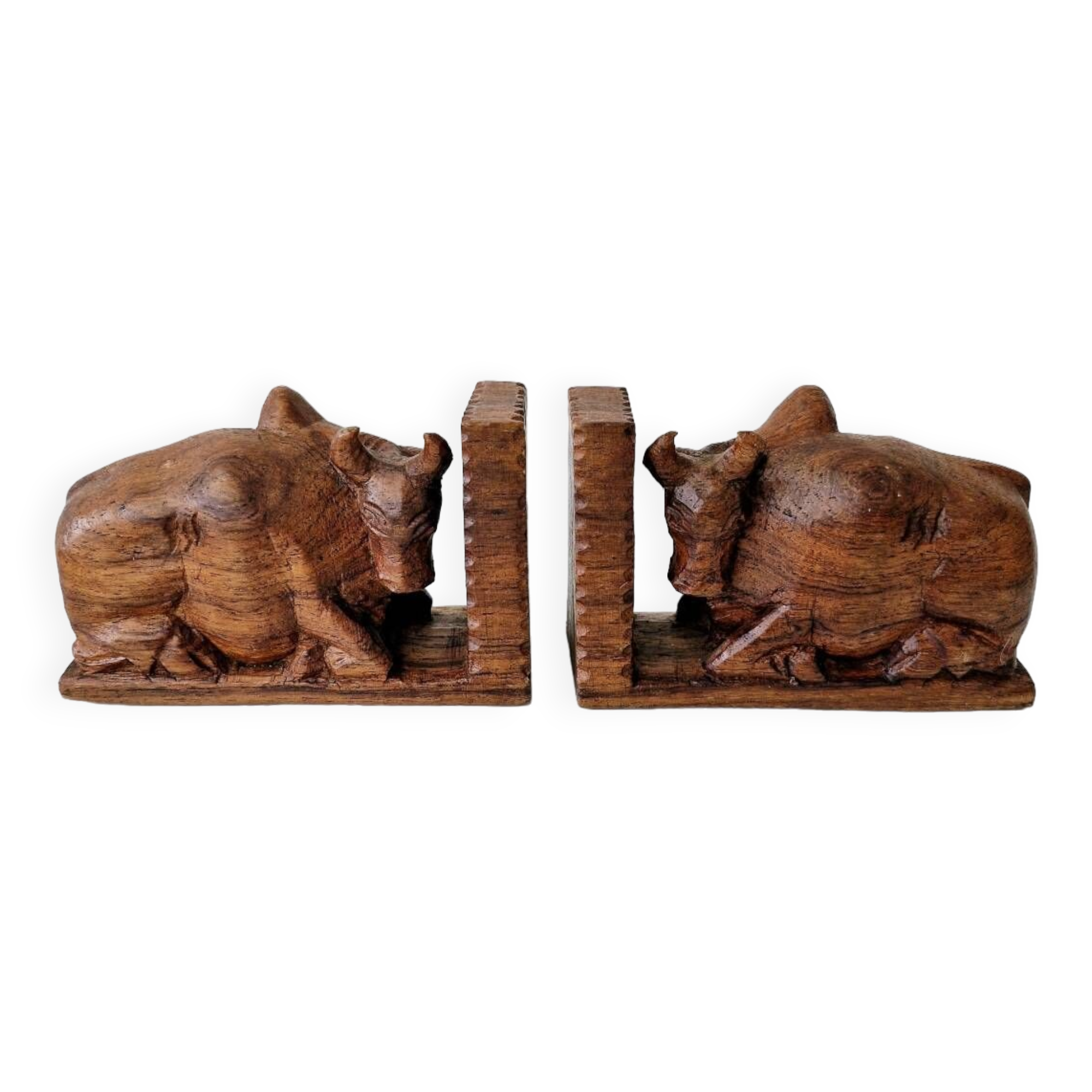 Serre-Livres Ancien Art Déco Forme Zébus Buffles Bois Sculpté