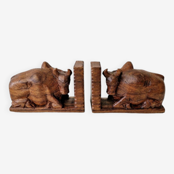 Old Art Deco Bookends Shaped Zebus Buffaloes Carved Wood