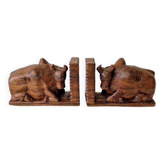 Old Art Deco Bookends Shaped Zebus Buffaloes Carved Wood