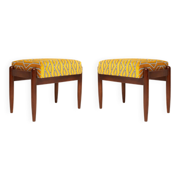 Mid Century GFM pair of stools in yellow jacquard by Casamance, E. Homa, 1960s