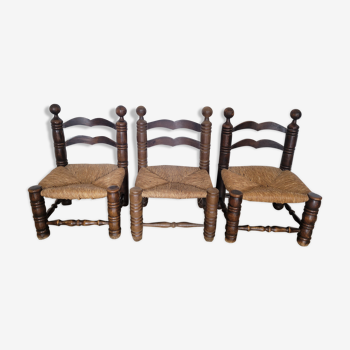 Trio de chaises de cheminée bois et paille