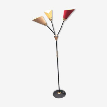 Floor lamp 3 articulated branches, metal and lampshades Lily canvas, 1960