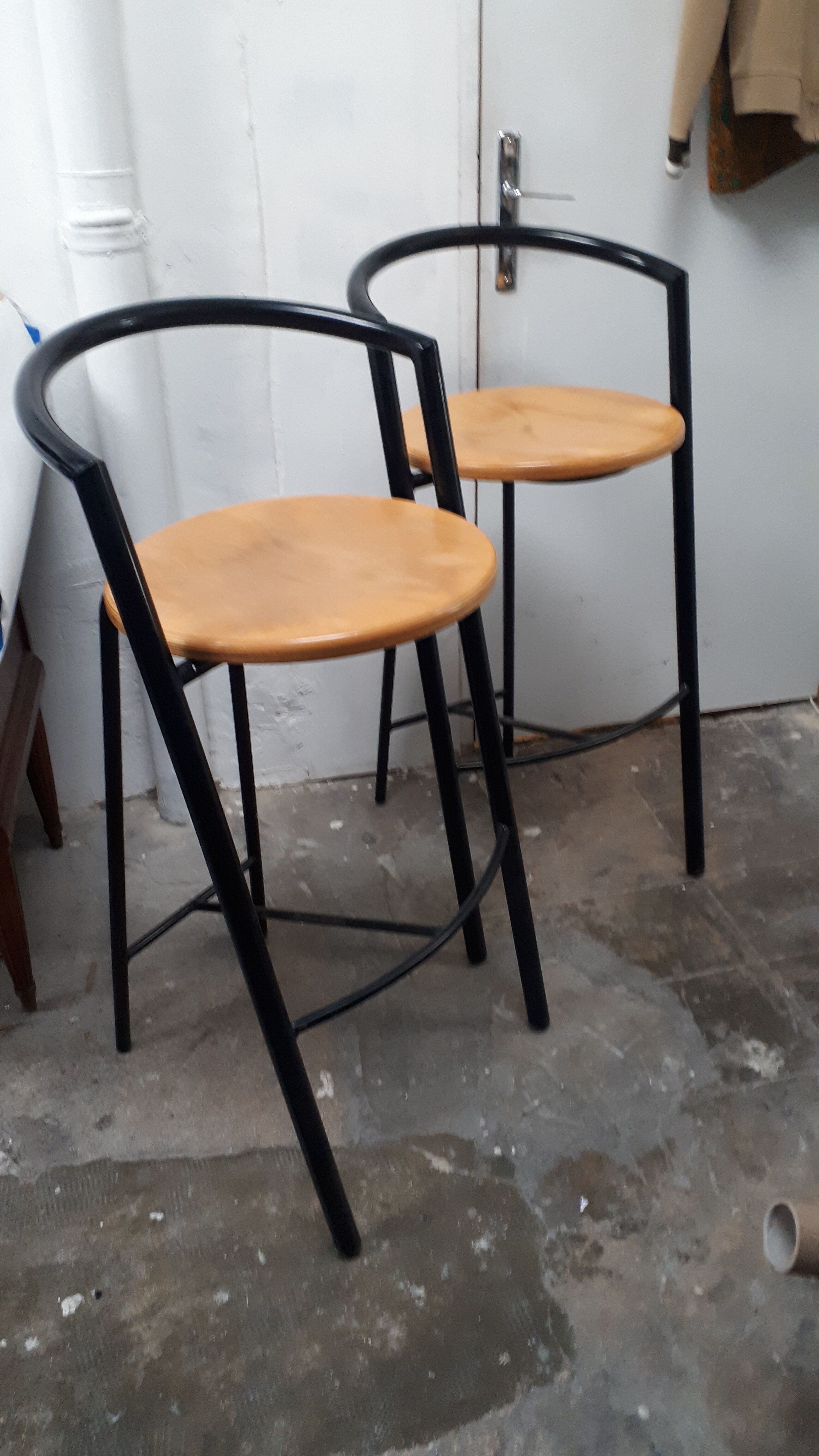pair stool bar design vintage 1980 black metal wood