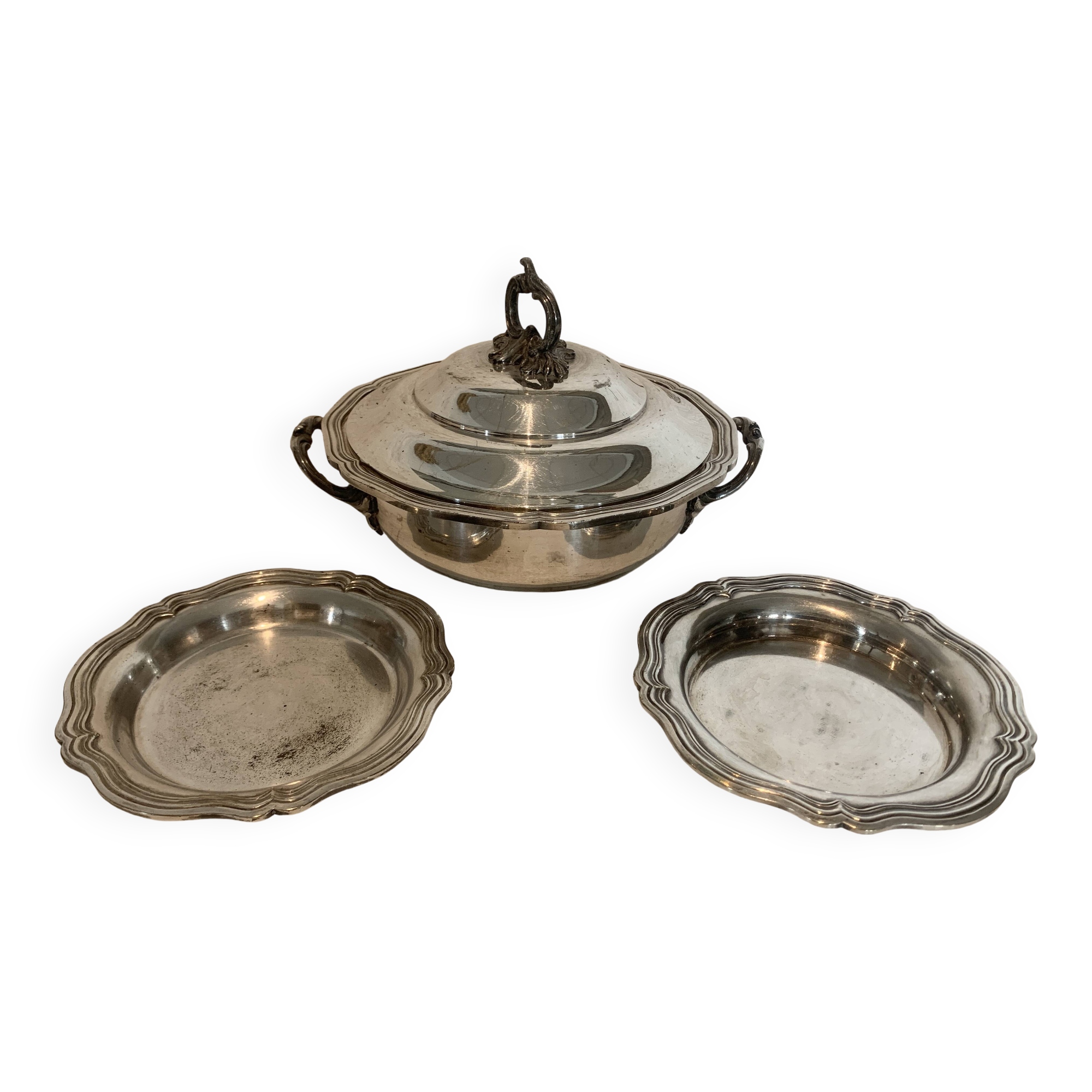 Covered broth and two small silver-plated dishes, 20th century