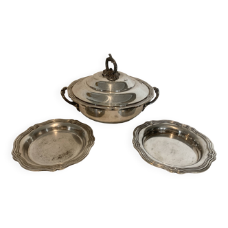 Covered broth and two small silver-plated dishes, 20th century
