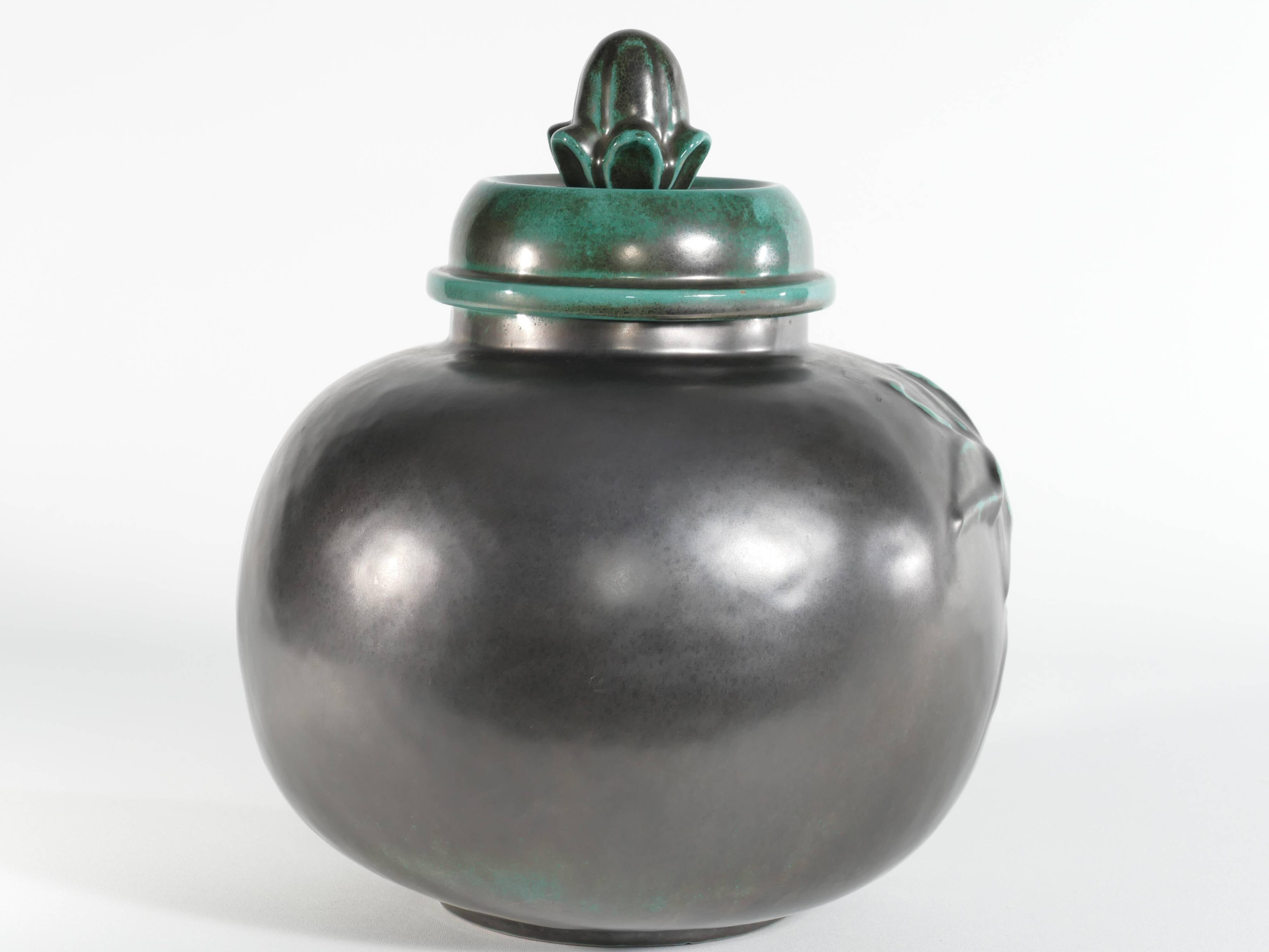 Large Art Deco Green Lidded Jar by Anna-Lisa Thomson for Upsala-Ekeby, 1930's