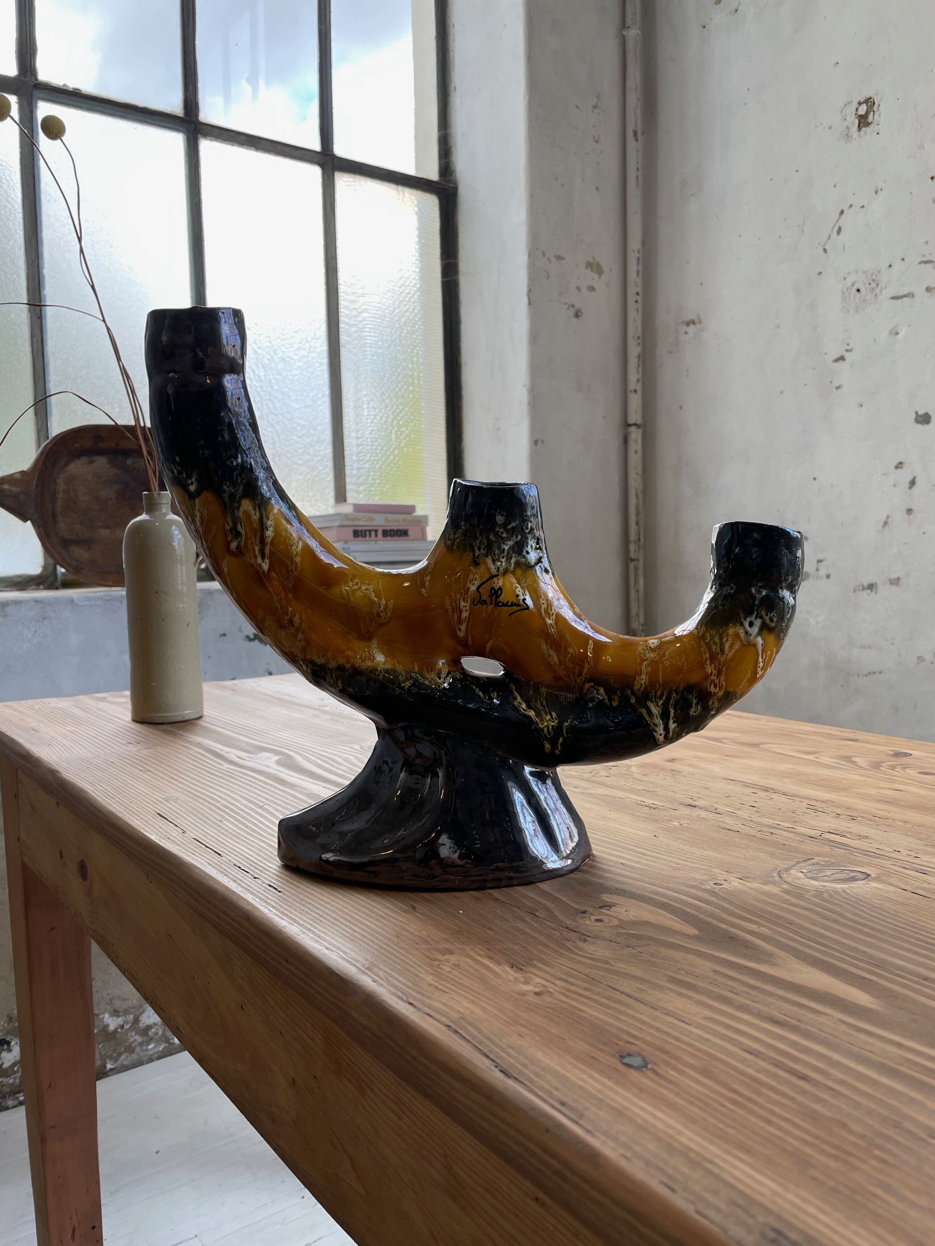 Vallauris black yellow ceramic candlestick