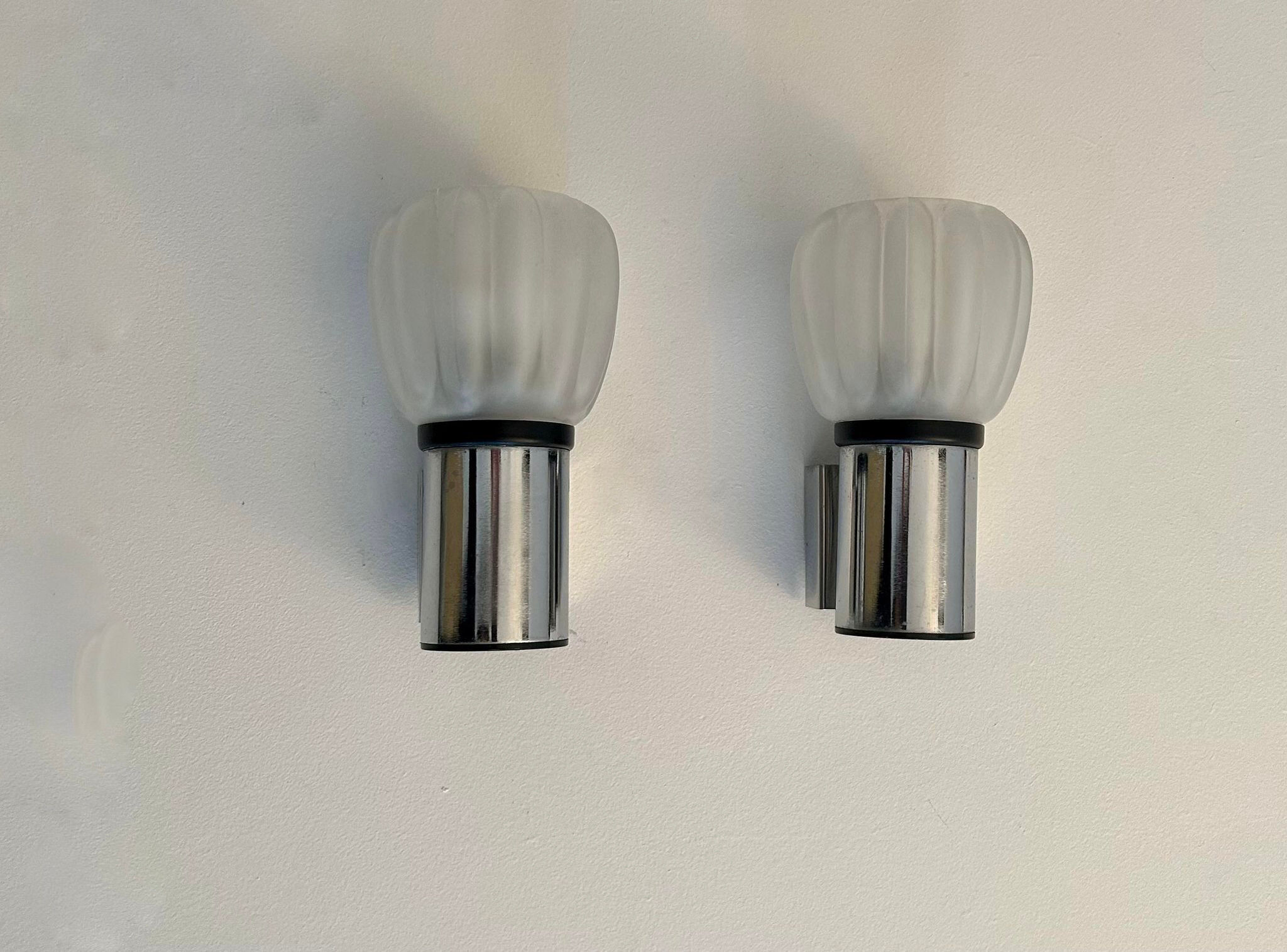 Pair of vintage wall lamps, sandblasted glass and chromed metal, France 1970