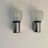 Pair of vintage wall lamps, sandblasted glass and chromed metal, France 1970