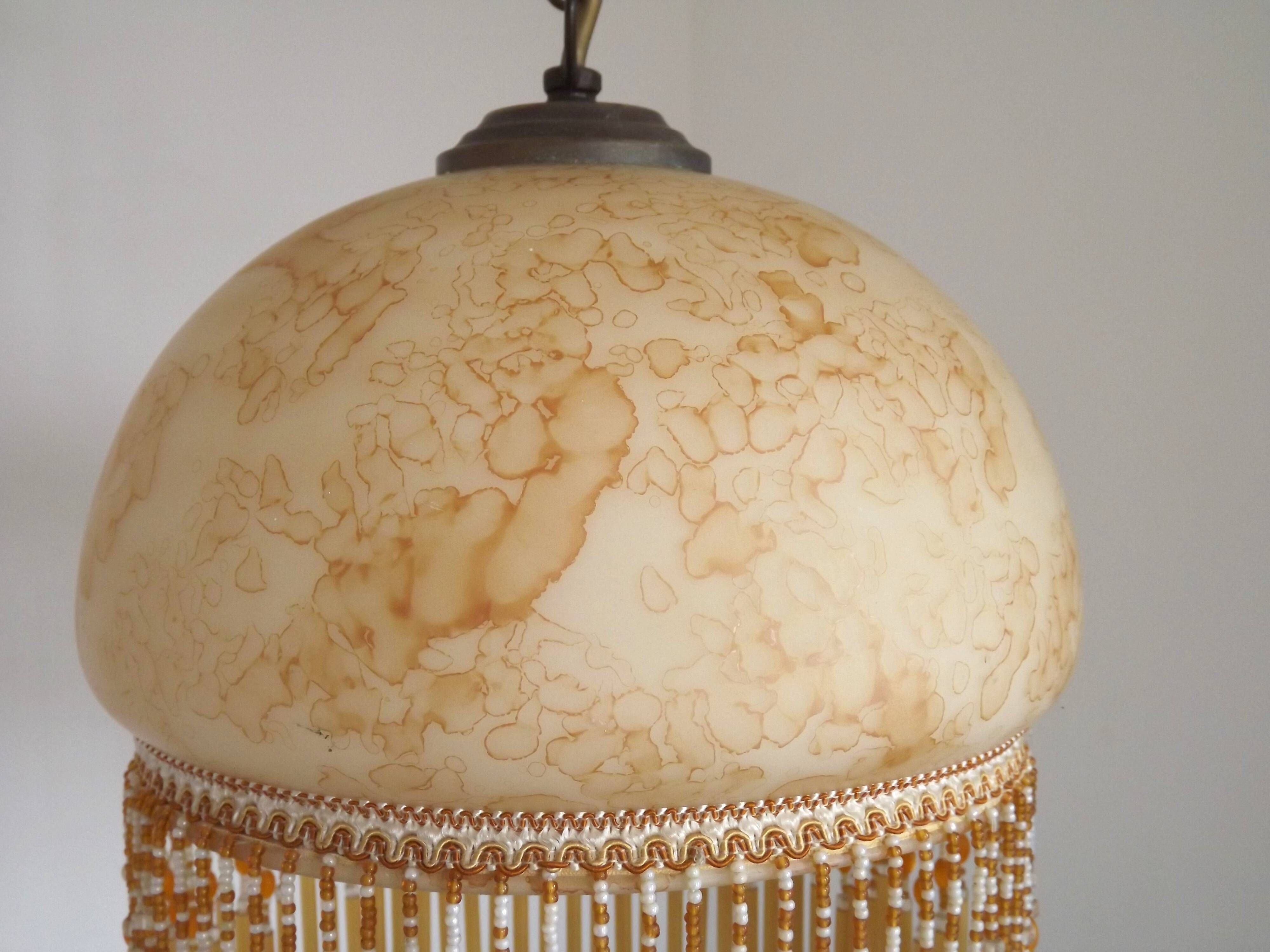 Mid Century Amber Mottled Glass Ceiling Light with Beaded Glass Fringe