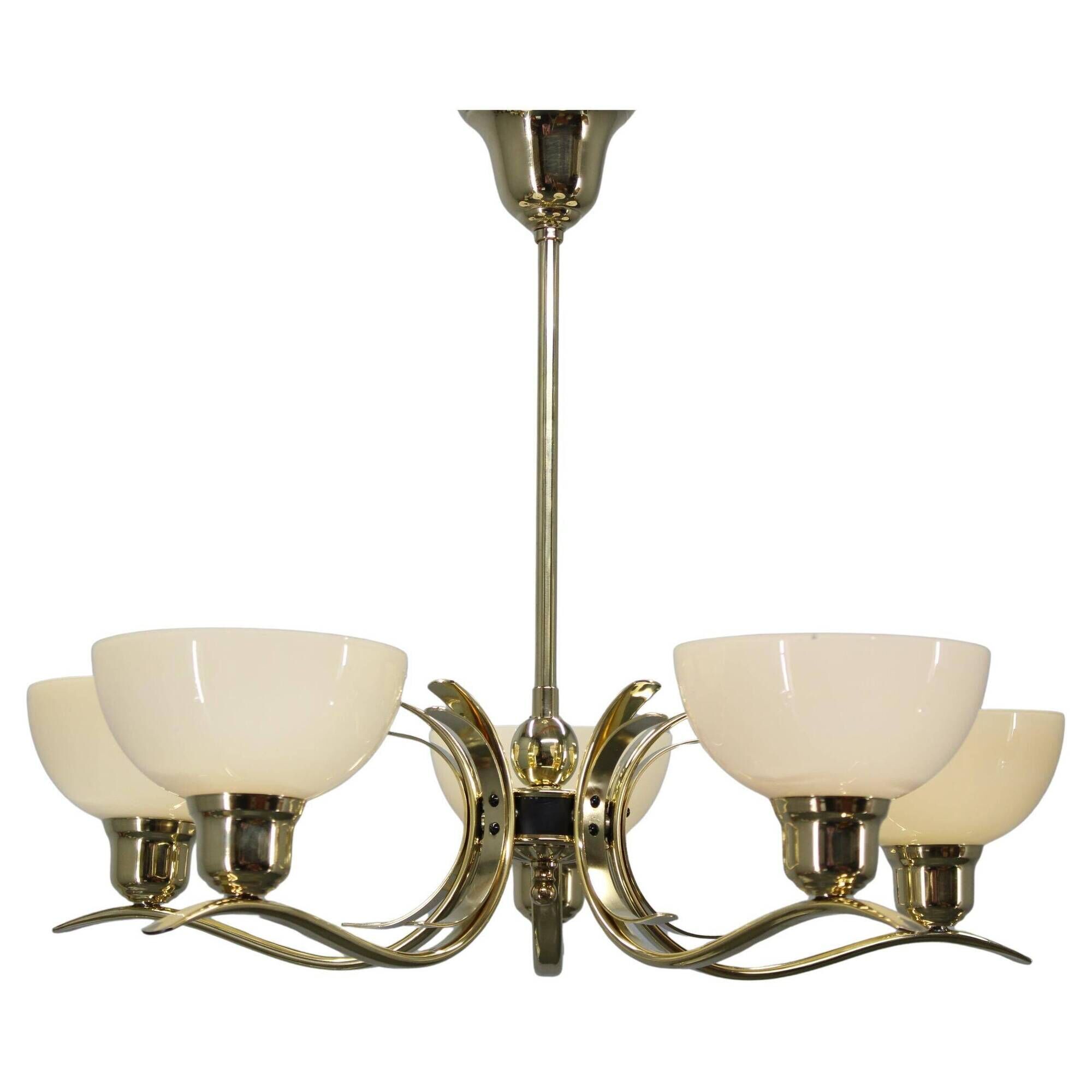 Art Deco brass chandelier with cream opaline glass, Czechoslovakia 1930s