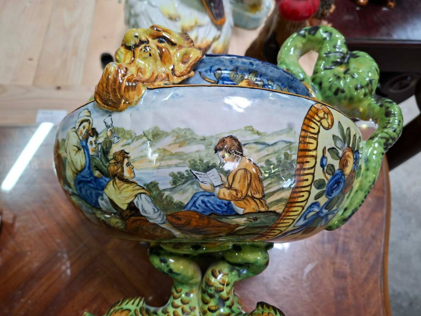 polychrome faience cup – Decorated with fantastical characters and animals