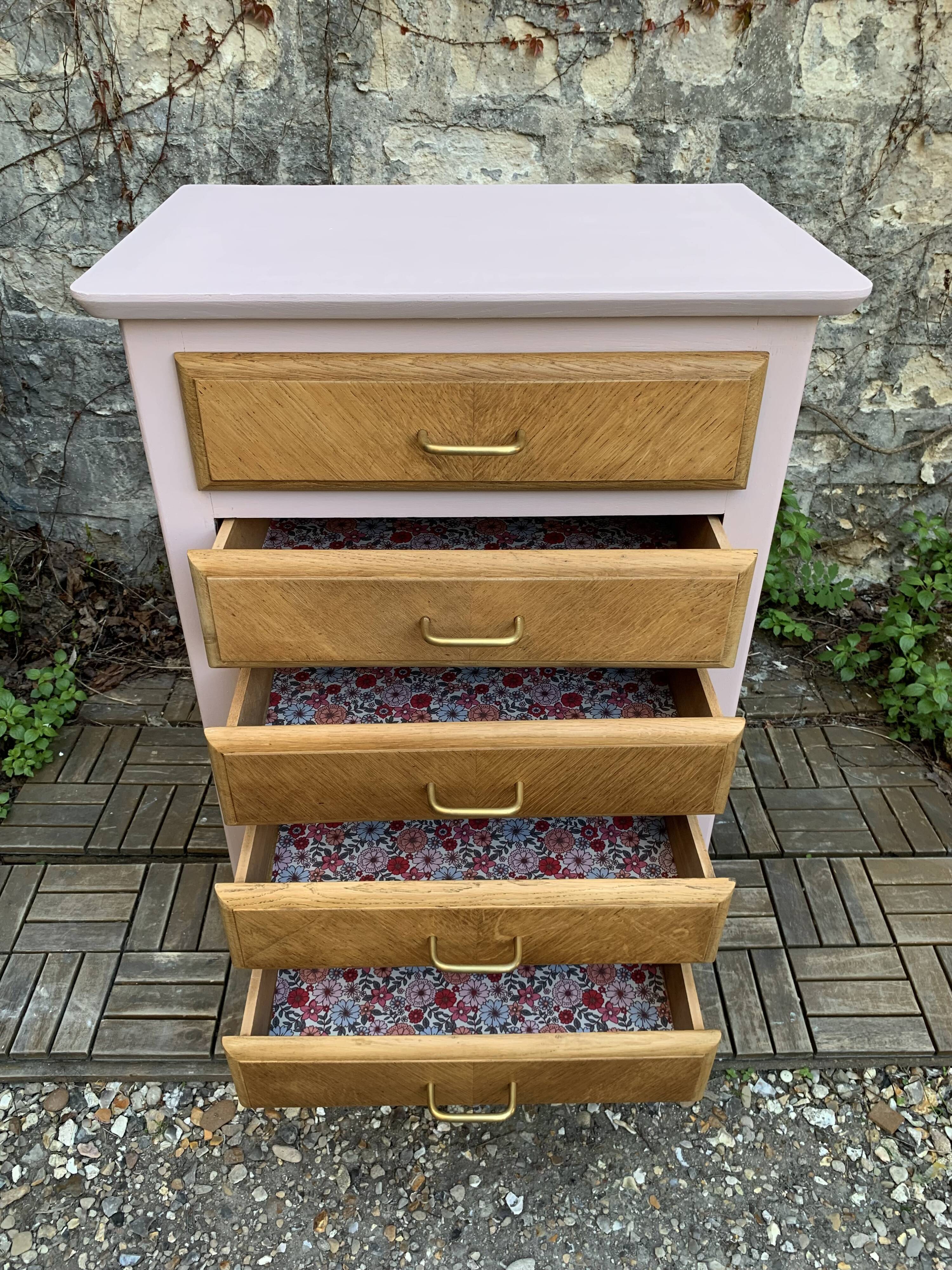 Vintage powder pink compass leg chest of drawers from the 1950s