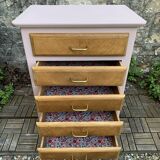 Vintage powder pink compass leg chest of drawers from the 1950s