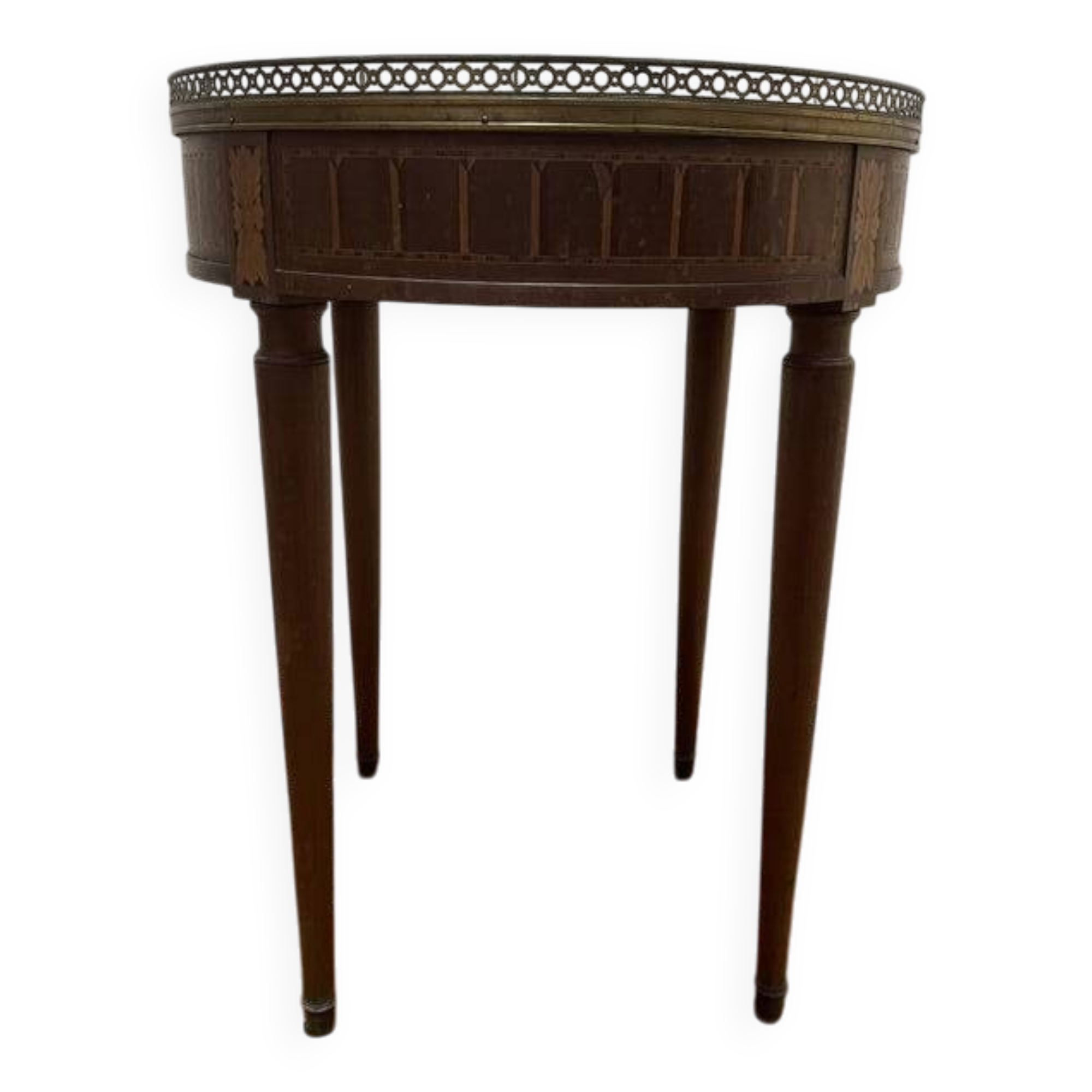 Table bouillotte de style Louis XVI en marqueterie et marbre