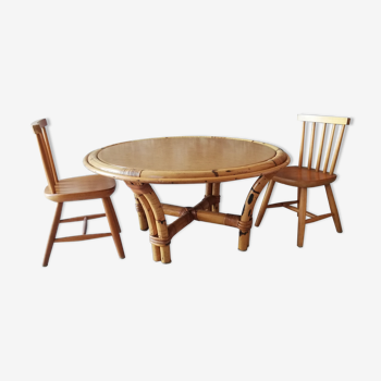 Table basse rotin et ses 2 chaises vintages