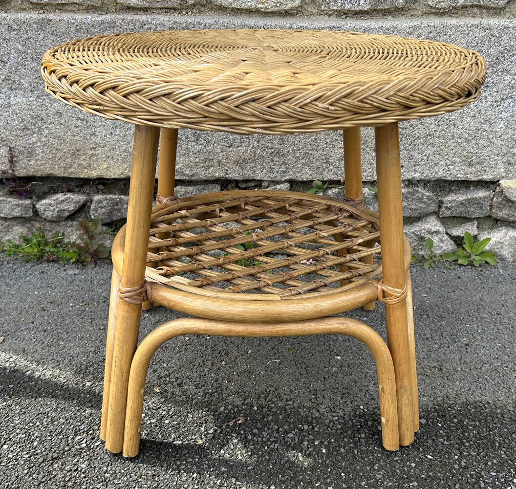 Pedestal table, coffee table, bamboo and rattan, vintage, 60s