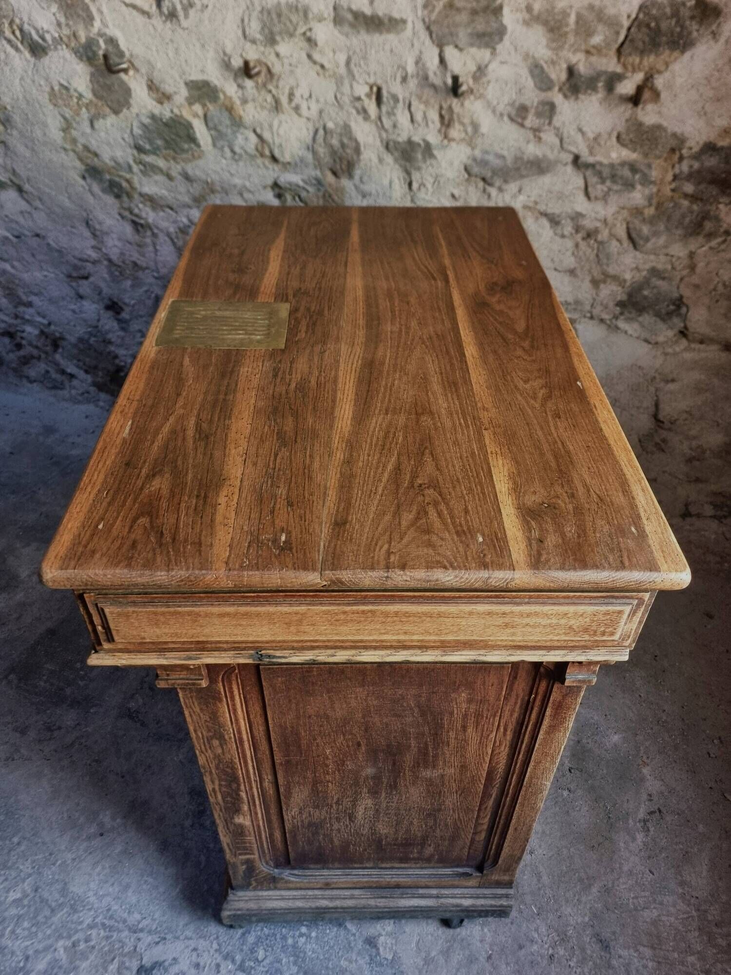 Antique French oak shop counter, kitchen island on wheels, circa 1880–1900.