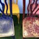 Set of 4 bistro chairs in carved and colored wood, 1930