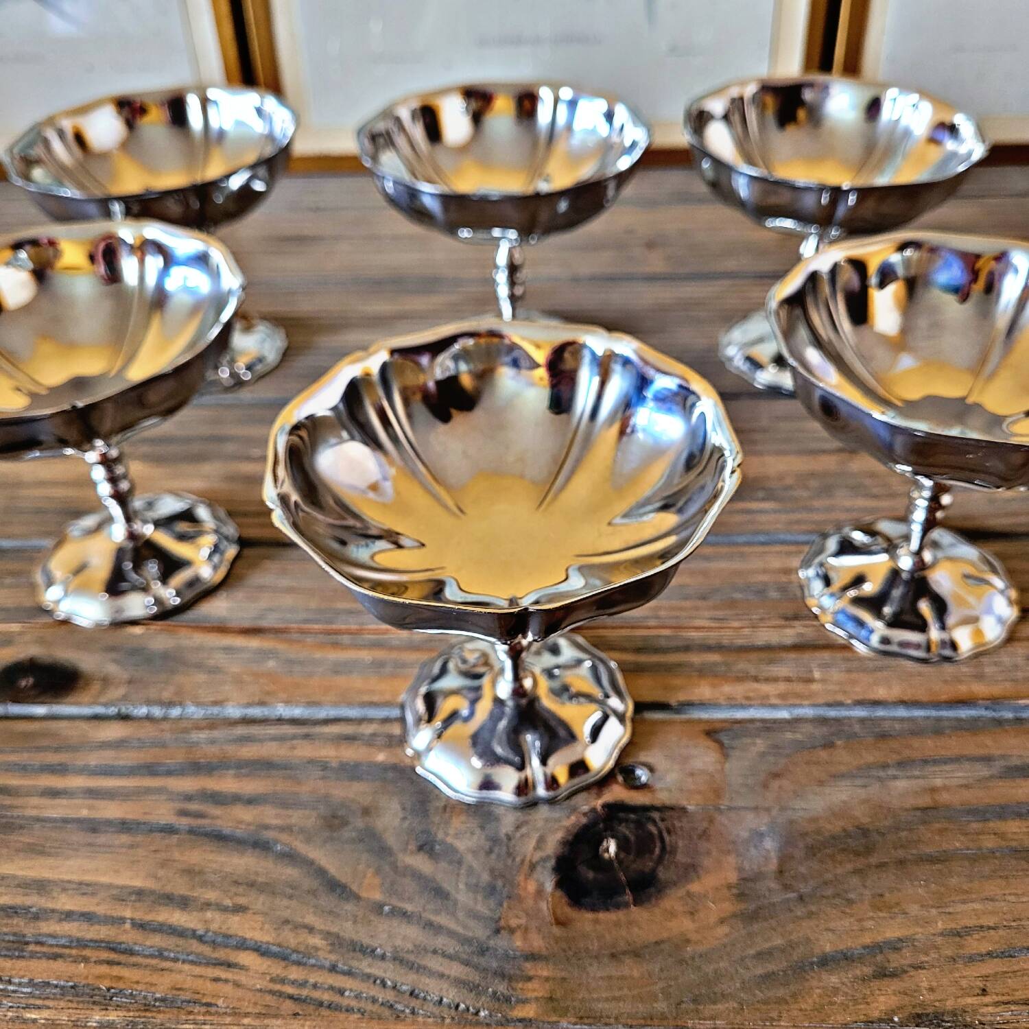6 vintage stainless steel ice cream cups, flower shape
