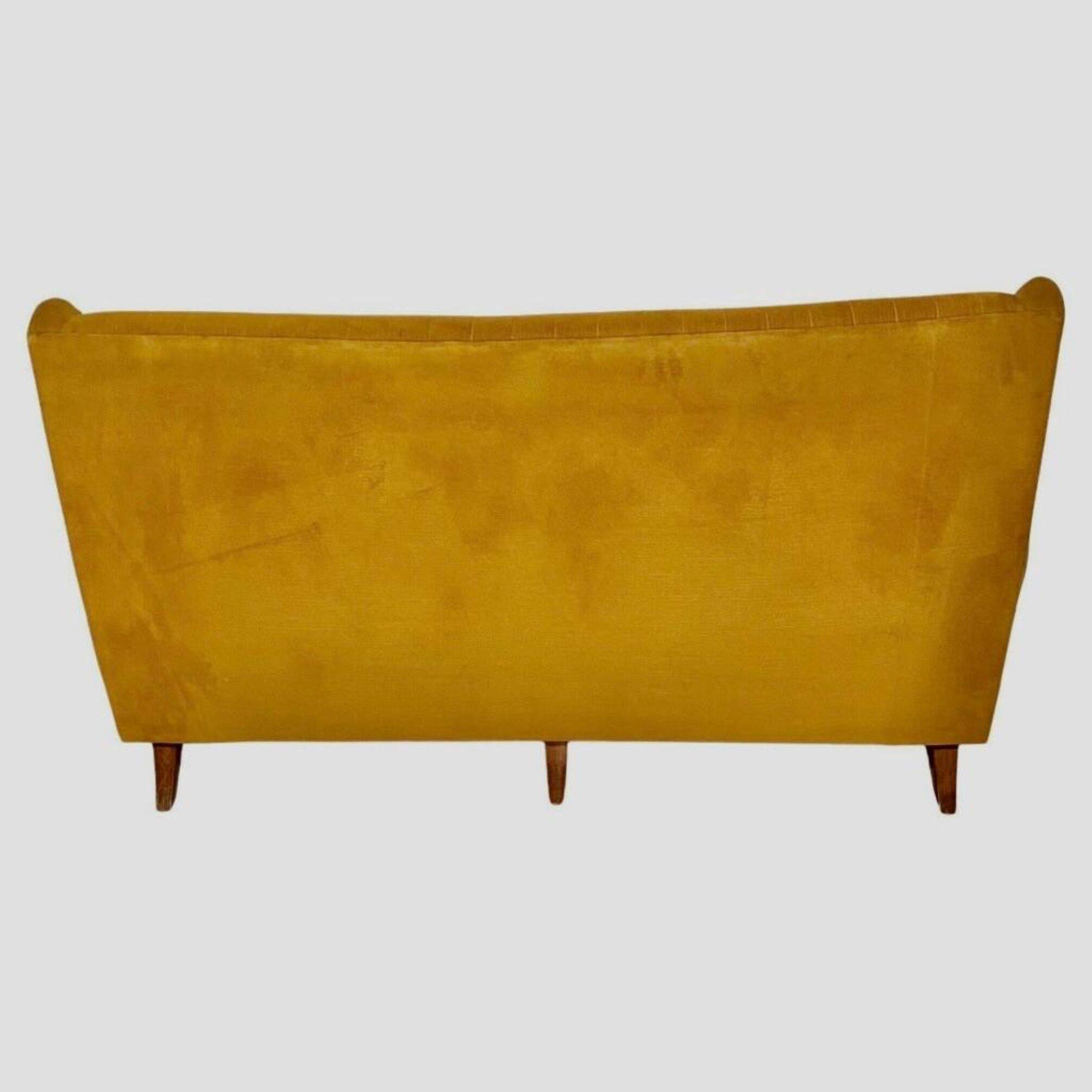 Mid-Century Three Seats Velvet Yellow Sofa, in the style of Gio Ponti