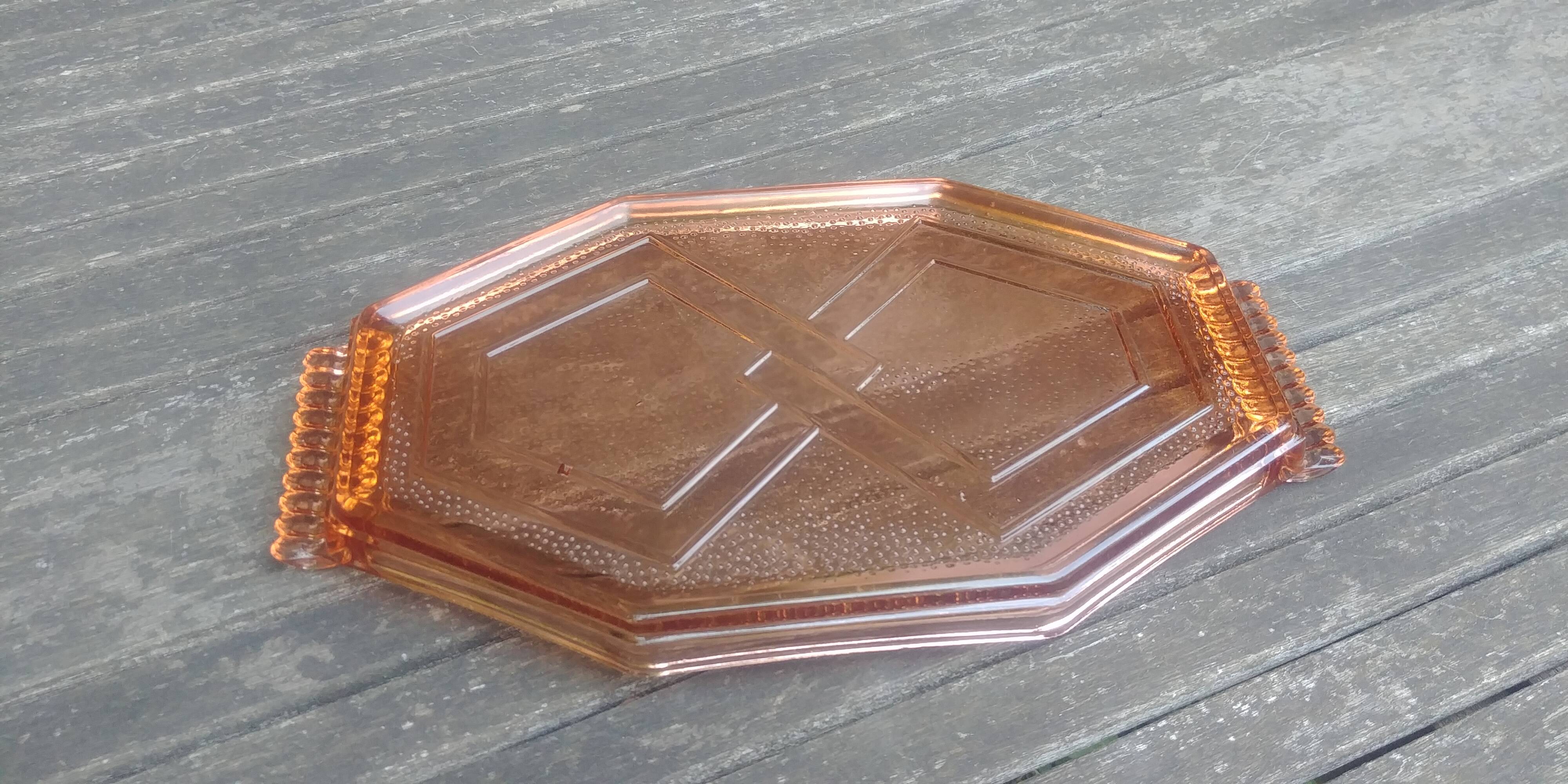 Old pink glass serving tray geometric shape 1950s